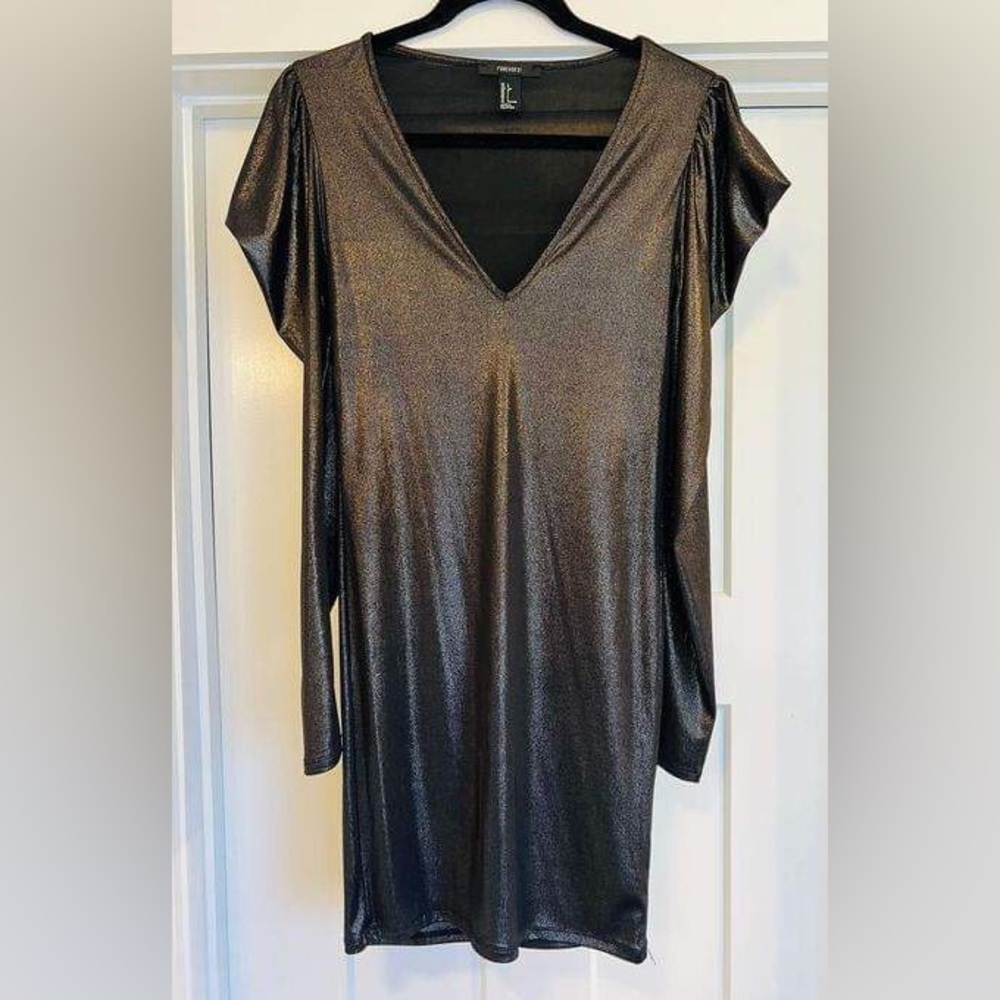 Forever 21 Metallic Sheer Silver Long Sleeve Dress Size Large